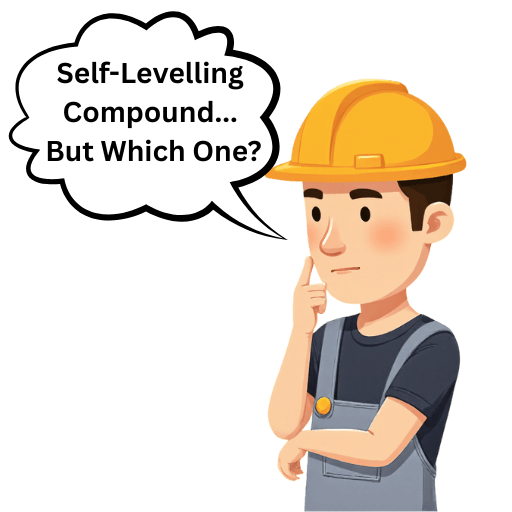 Vector art. Constriction Worker wearing grey overalls and dark blue t-shirt saying in the text cloud "Self-Levelling compound but which one"