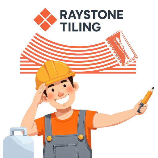 Constriction worker wearing yellow grey hard hat with grey overalls is holding a pencil and saluting while smiling. Vector Art. Orange Raystone Tiling logo in the background