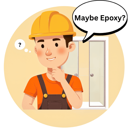 Vector art. Person thinking, text cloud saying "Maybe epoxy?", shower cabin in the background
