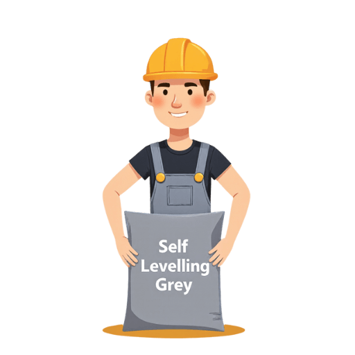 Vector Art. Shows Constriction worker smiling - wearing a yellow hard hat, grey overalls holding a large bag of "Self Levelling Grey"