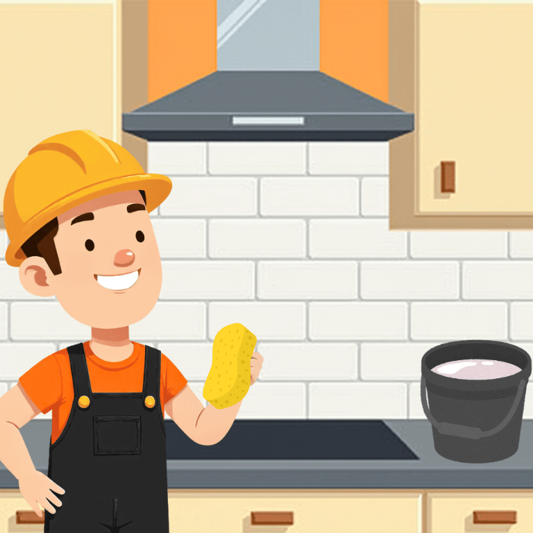 Vector art construction worker holding a sponge, black bucket next to him, kitchen splashback in the background with white tiles