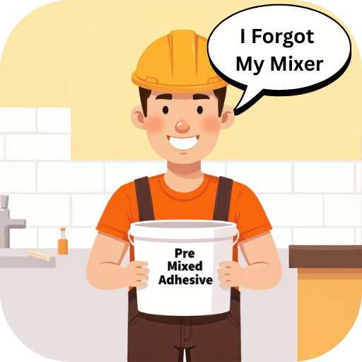 Smiling worker wearing brown overalls is holding white bucket with text Pre mixed Adhesive. Text cloud above him saying "I forgot my mixer"