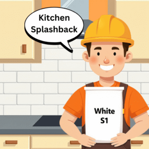 Vector art. Tiler wearing a yellow hard hat holding a adhesive bag with a sign "White S1" . Kitchen in the background.