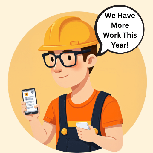 Vector art. Constriction worker wearing a yellow hard, dark blue overalls and glasses is holding a phone.