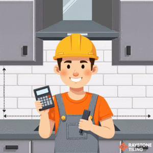 Tiler wearing yellow hat and orange t-shirt with grey constriction overalls holding calculator in kitchen with white subway tile backsplash in the background