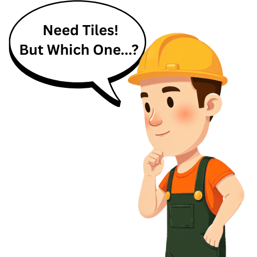 Vector art. Worker wearing green overalls thinking, text cloud above saying "Need Tiles! But Which One...?"