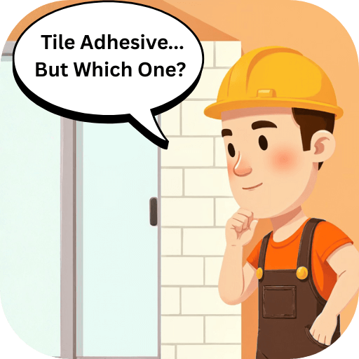 Vector art. Worker thinking, text cloud above saying "Tile Adhesive... But Which One?", shower cabin in the background