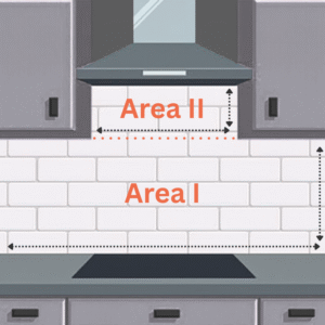 Splashback areas cut-outs panning explanation for area calculations, vector style infographic