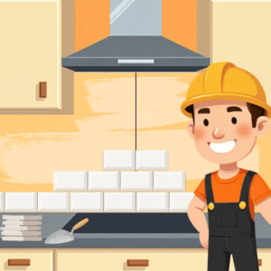 Vector art - construction worker wearing a yellow hard hat is tiling a kitchen splashback with white metro tiles