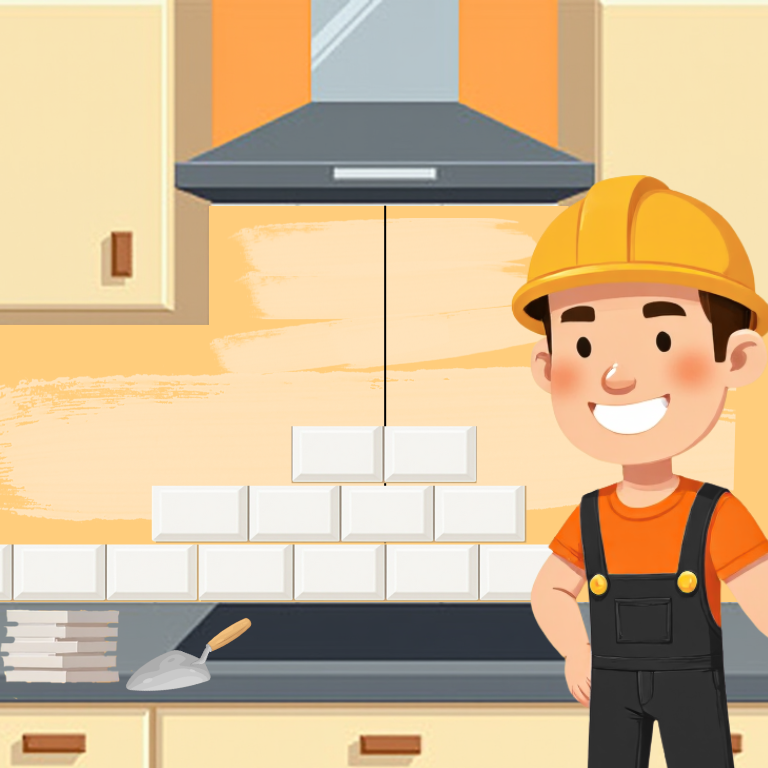 Vector art - construction worker wearing a yellow hard hat is tiling a kitchen splashback with white metro tiles