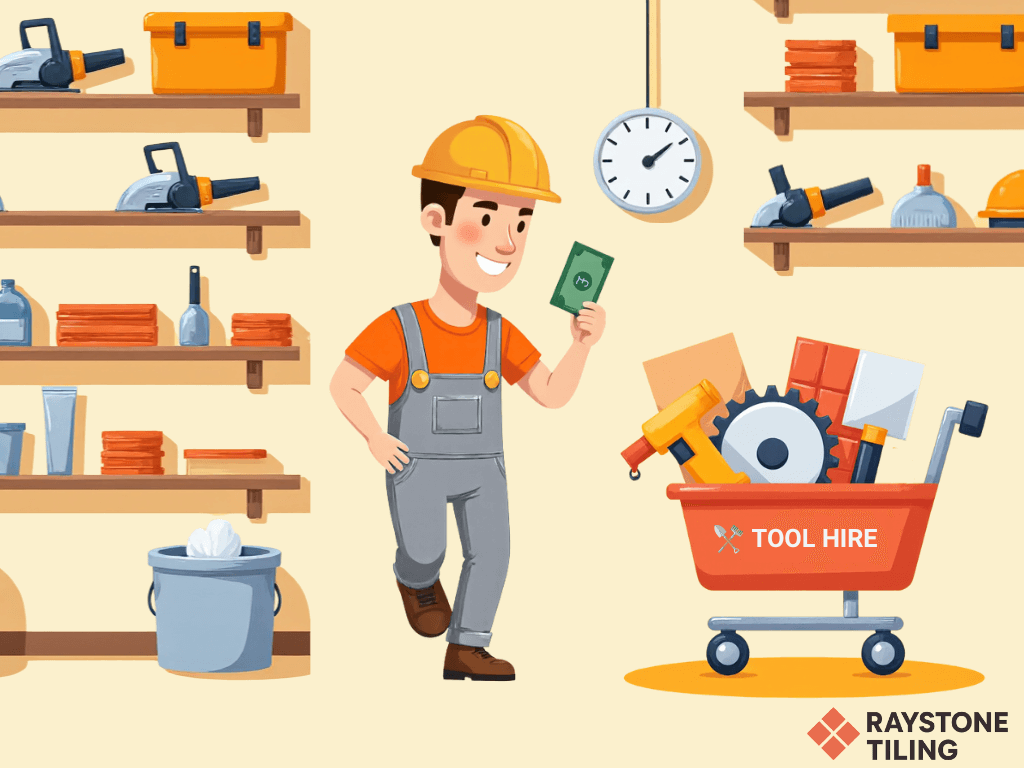 vector graphic image presenting construction worker wearing grey overalls and yellow hard hat is holding a bill in his hand, he in the tool hire shop, standing next to the shopping trolley filled with tools