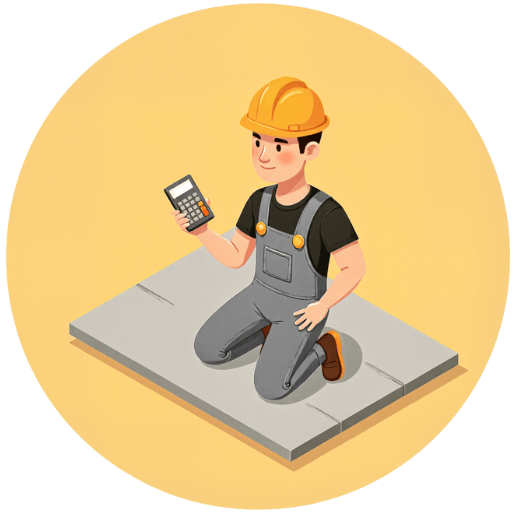 A cartoon construction worker wearing a yellow hard hat, grey overalls, and a black T-shirt is kneeling on a concrete-grey floor slab while holding a calculator and looking at it, as if calculating measurements.