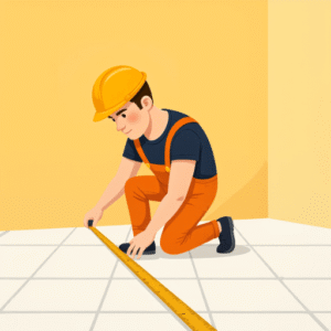 A cartoon construction worker wearing a yellow hard hat, orange overalls, and a black T-shirt is kneeling on a tiled floor, using a long measuring tape to measure the distance across the tiles.