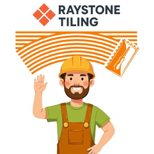Cartoon construction worker with a beard wearing a yellow hard hat, green T-shirt, and orange overalls, smiling and saluting. Behind him is the Raystone Tiling logo with an orange tiling pattern and trowel graphic.