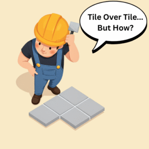 Vector art. Constriction worker looking at floor and saying "Tile over tile... but how"